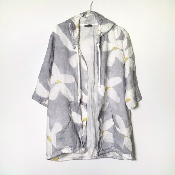 Women Light Gray Floral 100% Linen Hoodie Open Jacket - Picture 2 of 7